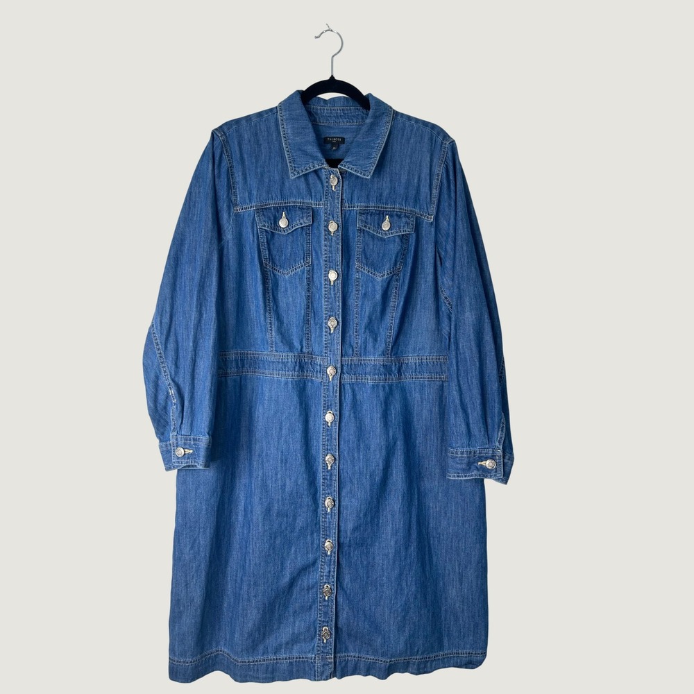 Talbots Denim Shirt Dress Womens 20W Blue Long Sleeve Button Front Midi Pocket